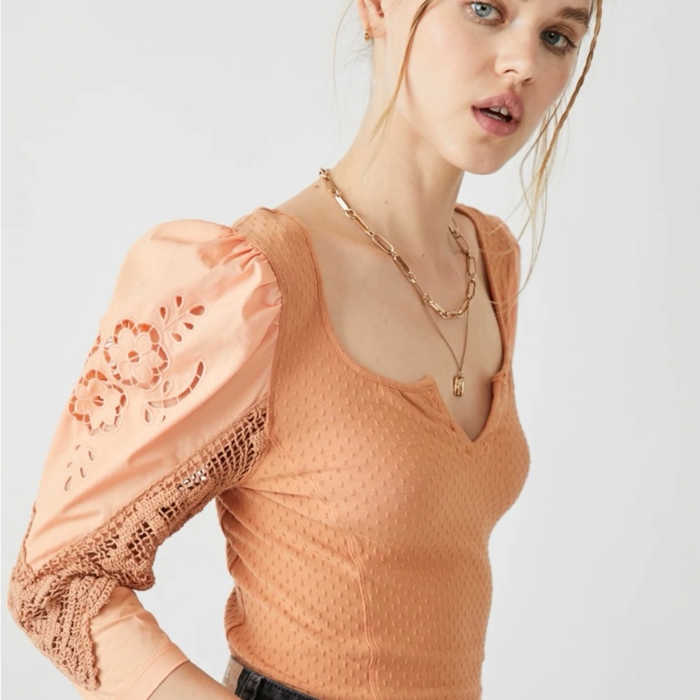 Free People Peach Textured Blouse with Embroidery